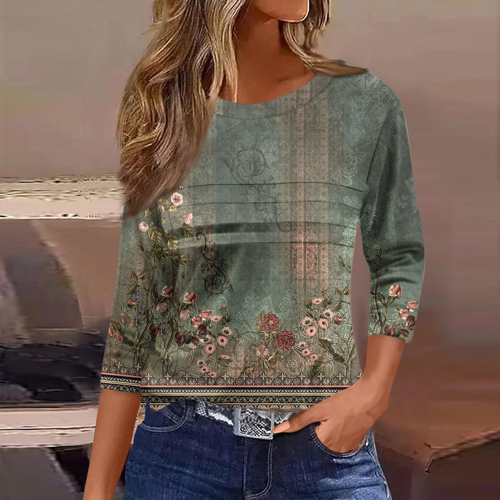 

Женская мода повседневный свободный топ с рукавом 3/4 и цветочным принтом с круглым вырезом L темно-зеленого