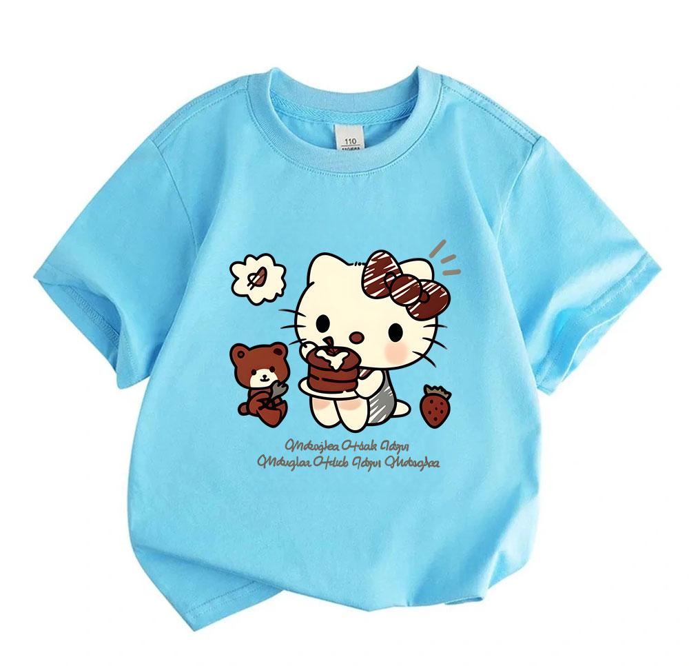 Cute Cartoon Cat Print Kids T Shirt 100% Cotton Short Sleeve Crew Neck Casual Tee for Boys Girls Sweet Chocolate Cake Bear Strawberry Pattern Soft Sum
