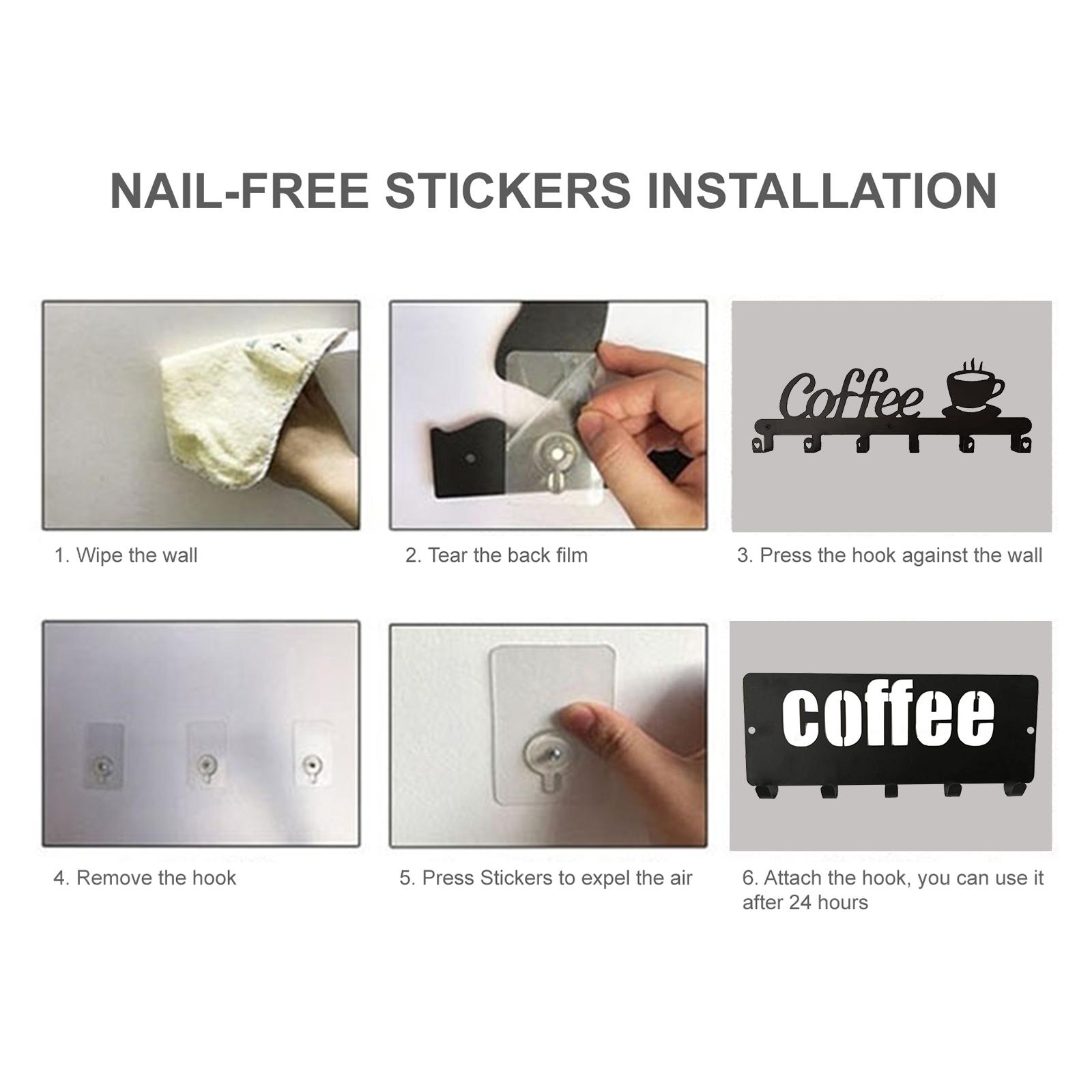 

Metal Coffee Mug Holder Coffee Shaped Hook Rack 6 Hooks Hanging Coffee Cup Racks Wall Mounted Nail free Drilling Metal Type 1