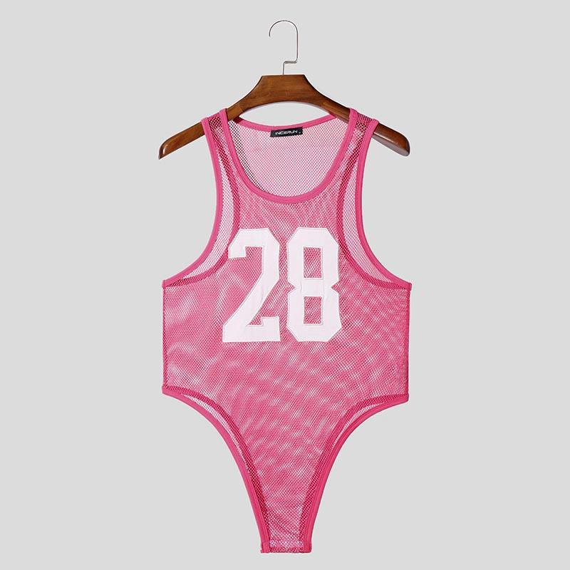 INCERUN Men Sleeveless Letter Print Mesh Bodysuits See Through Fitted Briefs Jumpsuits