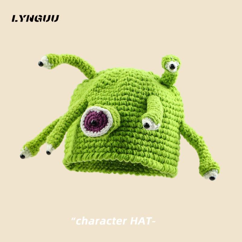 Stijlvol, schattig en grappig, handgeweven Shrek tentakels, ogen, wollen muts, winterkou bescherming, warme oor bescherming wol