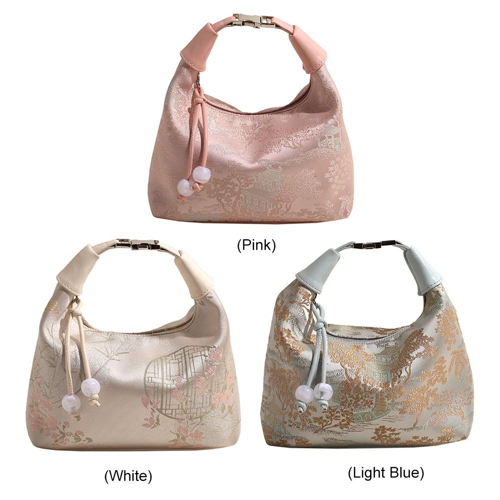 Women Sweet Embroidery Shoulder Bag with Pearl Pendant Casual Sling Bag Adjustable Strap Trendy Satchel Bag Date Party Handbag