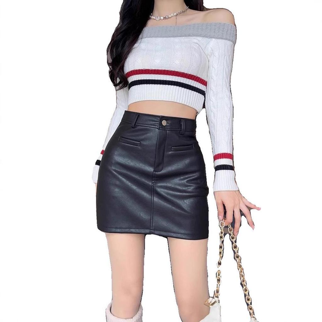 Khaki High Waist PU Leather Bodycon Midi Skirt - Women's Autumn/Winter 2025 A-Line Casual Trend