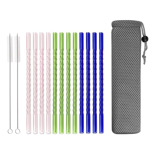 15 PCS Reusable Glass Straws, 8 Inch X 0.3" Thread Pattern Design Colored Drinking Straws, Include 12 Straight Straws, 2 Cleaning Brushes, 1 Bag