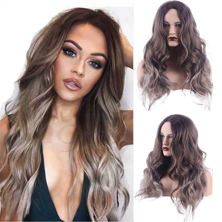 Synthetic Fiber Wigs Woman, Long Curly Hair, Parted with Bangs, Black and Gray Mixed Color Wigs