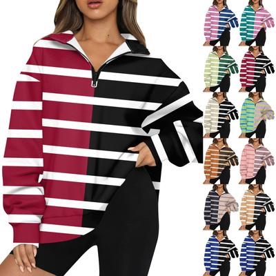 Damen Modisches Sweatshirt-Oberteil mit Revers, Streifenmuster, langen Ärmeln und Reißverschluss