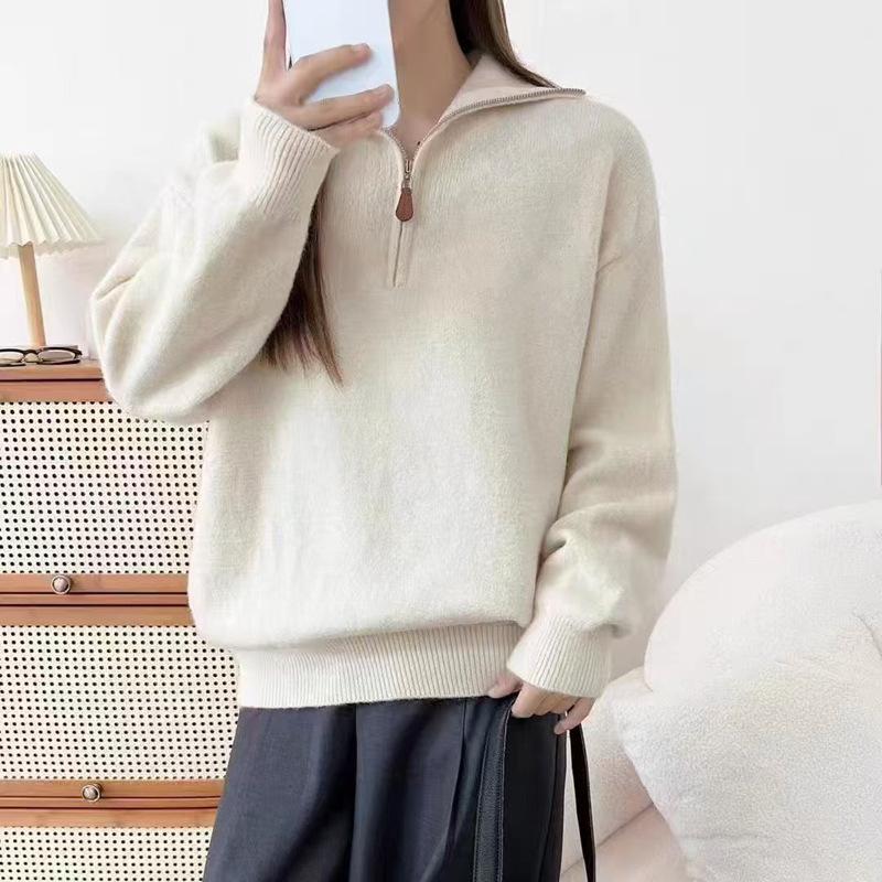 

Ретро пуловер с полумолнией, женский осенне-зимний новый вязаный топ свободного ленивого стиля однотонный с лацканом One size