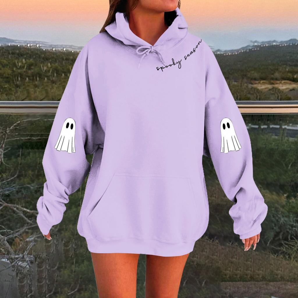 Women's Solid Color Long Sleeve Casual Halloween Print Pullover Hooded Sweatshirt