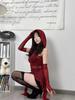 American Sexy Red Cowl Neck Hooded T-Shirt for Women – Ruffle Hem, Irregular Sleeves, Slimming Fit