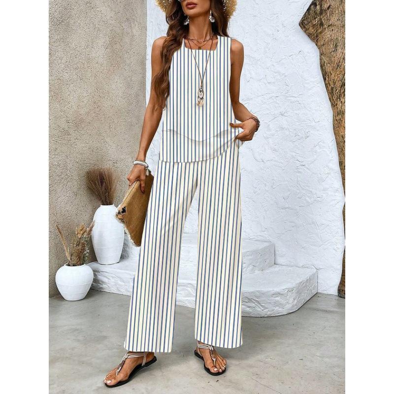 Women's Loose Fit Two Piece Outfit Sleeveless Tank Top High Waist Wide Leg Pants Set With 3D Abstract Print For Casual Summer Daily Wear