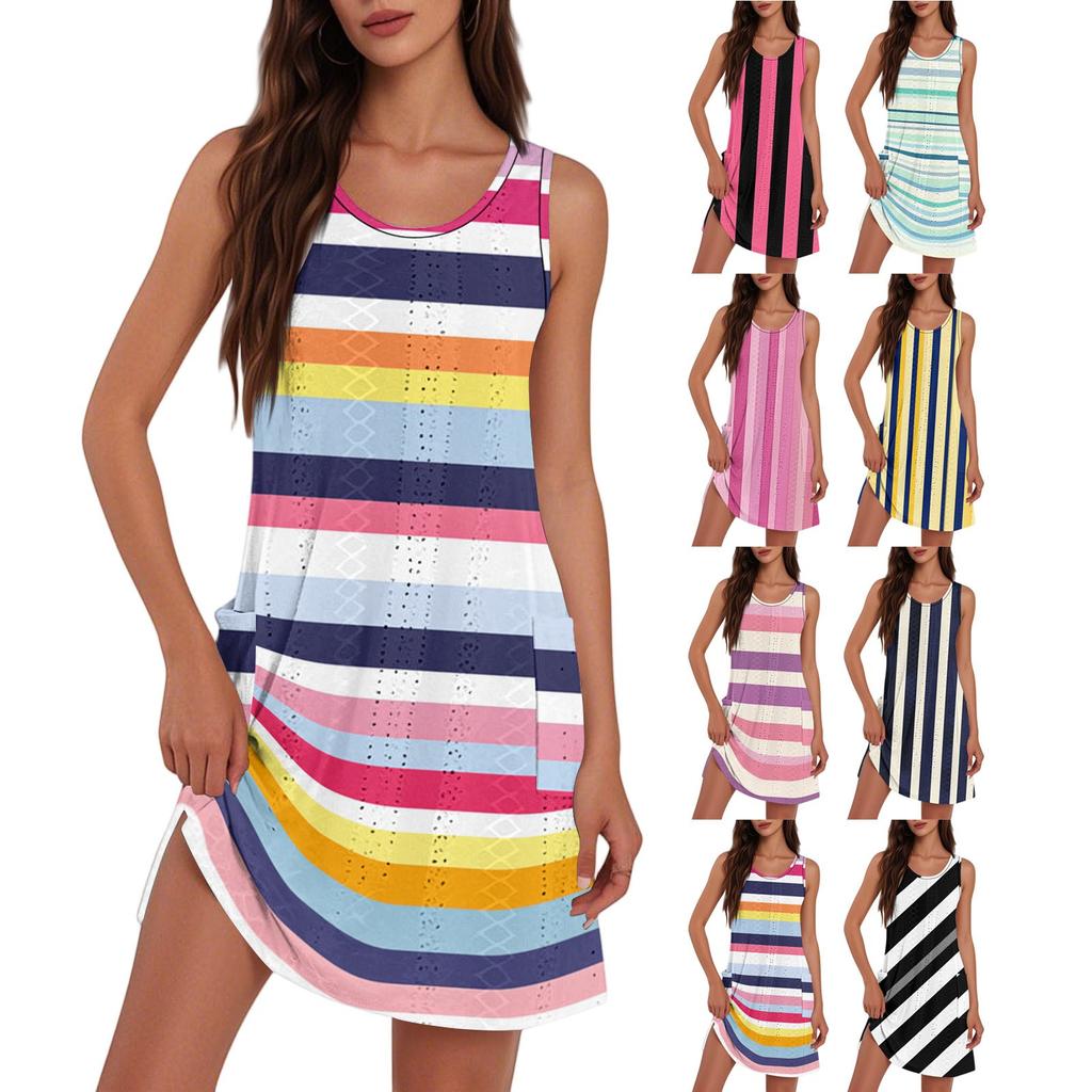 Women's Fashion Casual V-Neck Sleeveless Striped Print Dress