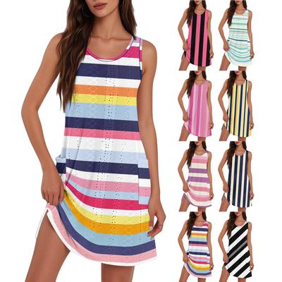 Women's Fashion Casual V-Neck Sleeveless Striped Print Dress