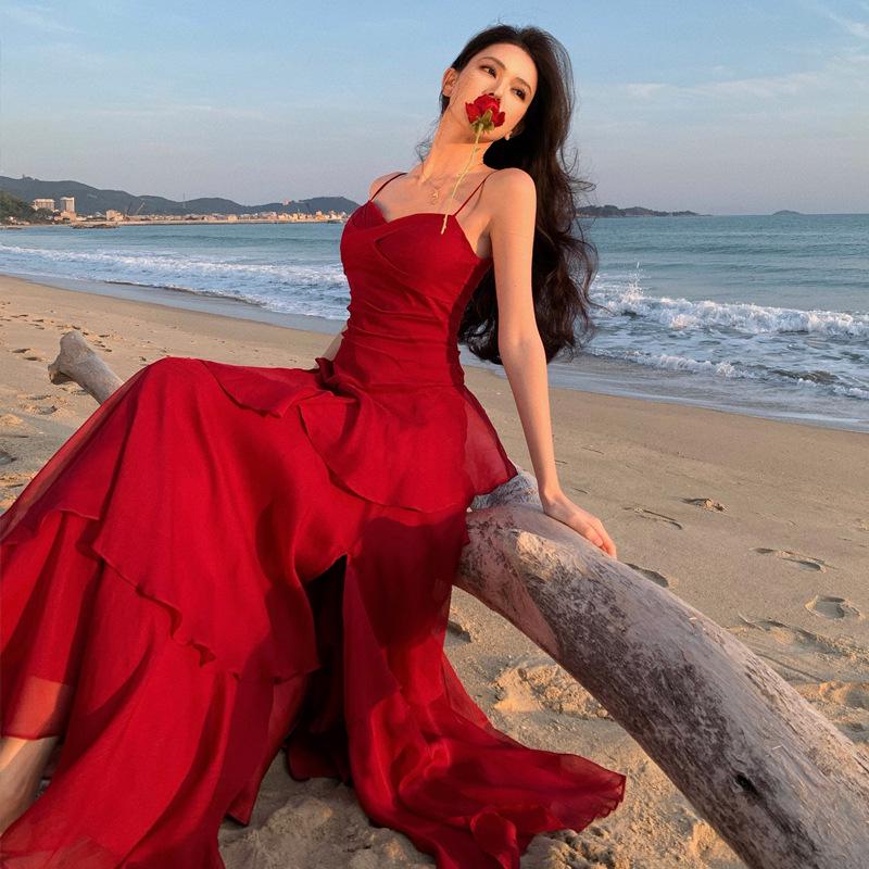 

Изысканное красное платье для морского отдыха: Французские оборки, с завышенной талией, на бретелях-спагетти, длинная пляжная юбка для женщин. Medium вино красного