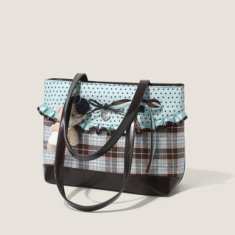 Bolso de Mano Patchwork Color Verde Menta Chocolate Coreano Bolso Tote de Lona a Cuadros para Mujer Lunares Lazo Dulce Encaje Bolso de Hombro de Capacidad