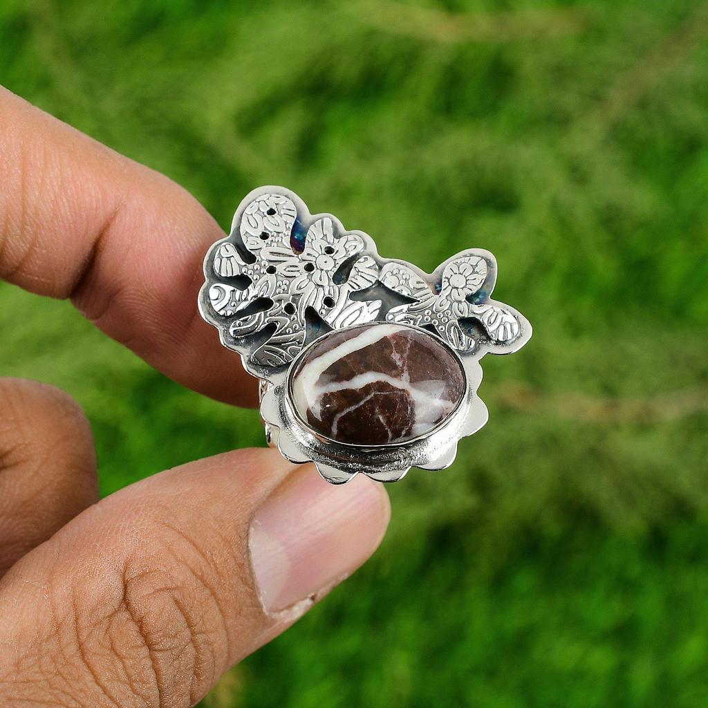 Natural Coconut Jasper Gemstone 925 Silver Promise Adjustable Ring For Women