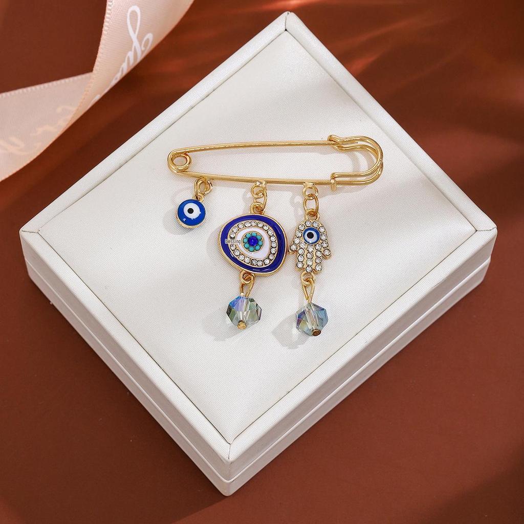 High-End Blue Rhinestone Tassel Pin: European & American Devil's Eye Sweater Brooch