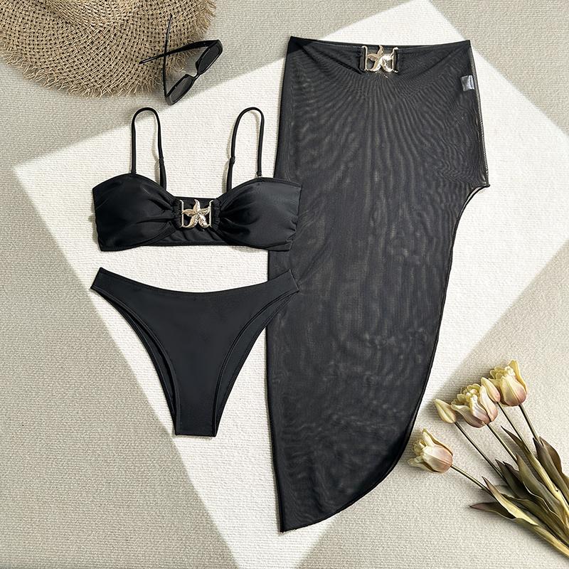 Women's 3 Piece Swimsuit Metal Starfish Bikini Set High Waist Yarn Skirt Cover-ups Suspender Backless Swimwear Summer New