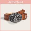 Punk Belt Leather With Hollow Rivet Decor And Letter Design Buckle Circular