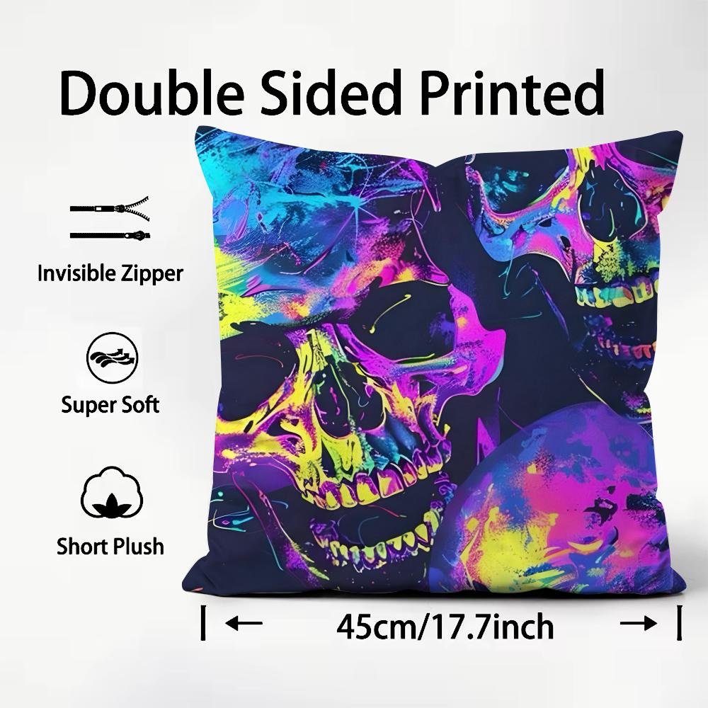 Colorful Skull Cool Cushion Cover Plush Fabric Soft Double-Sided Printed Sofa Warm Winter Home Child Gift Pillow Case