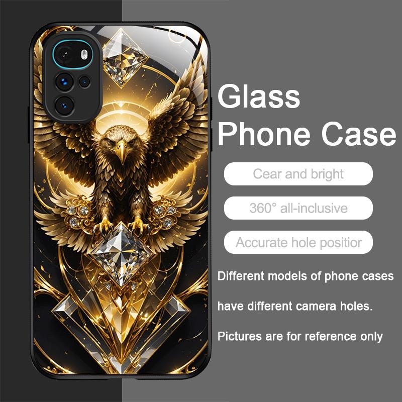 Stylish Eagle Golden Diamond Pattern Tempered Glass Phone Case for Motorola Moto G85 G84 G75 Edge 50 Fusion 40 Neo 30 Pro Cover