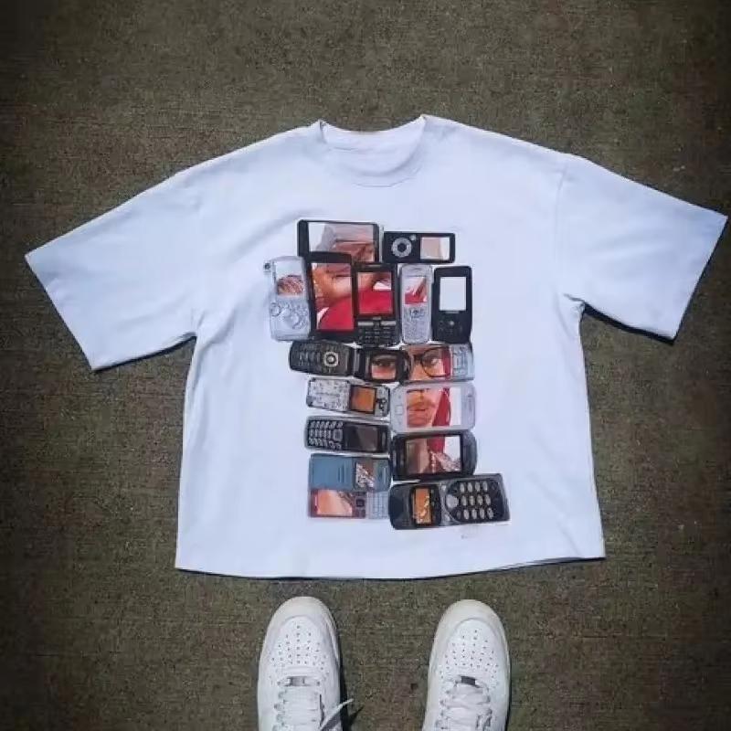 Retro Y2k Classic Mobile Phone Multi Layer Collage Front Print Tshirt Unisex Nostalgic Tech Loose Fit Streetwear Top