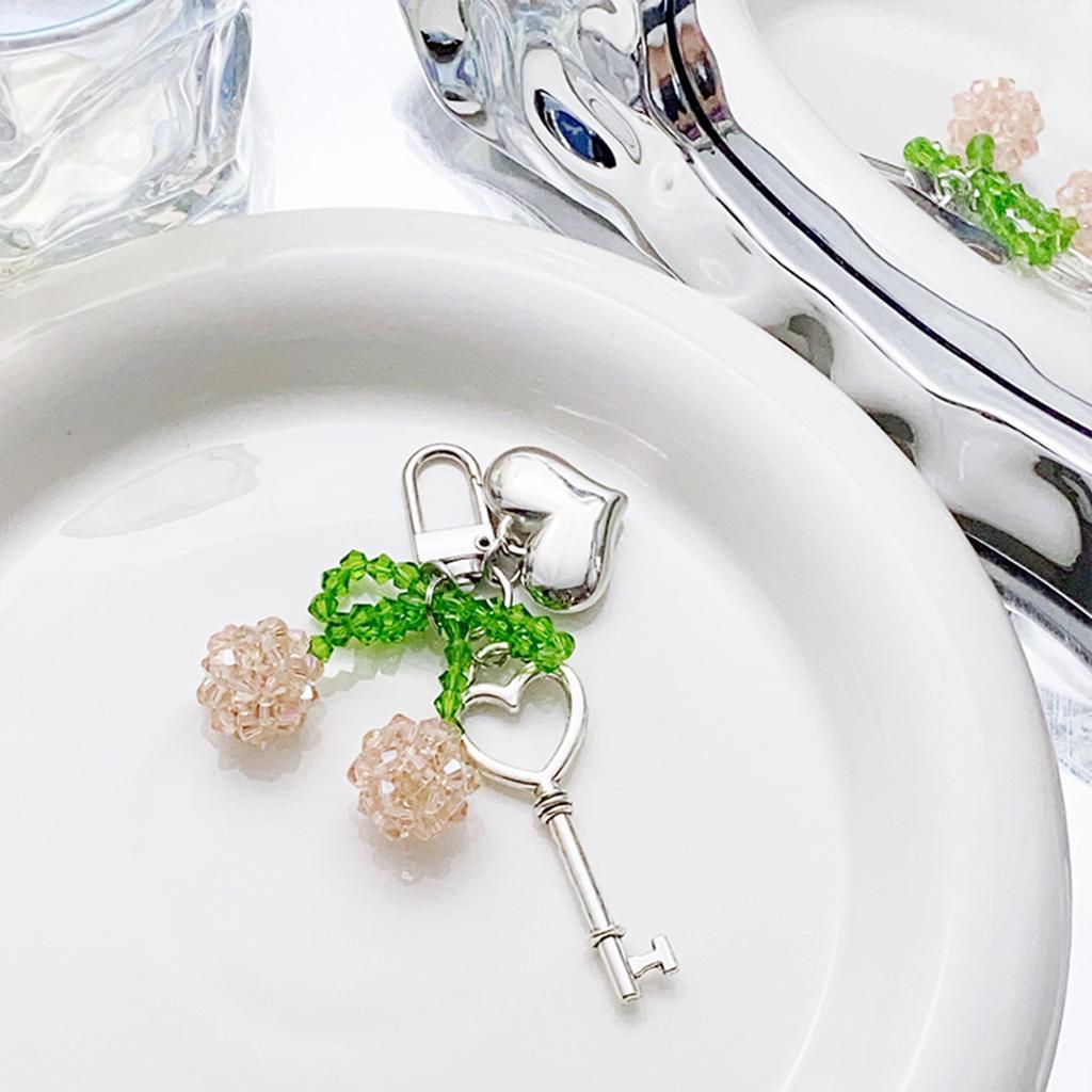 Handmade Crystal Cherrys Heart Lock Keychain Stylish Woven Charm Pendant for Fashionable Women Ladies Daily Use
