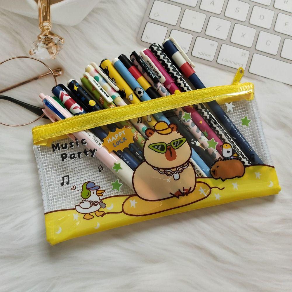3PCS Cartoon PVC Mesh File Bag Capybara Large Capacity Zipper Pen Bag Waterproof Transparent Grid Storage Bag