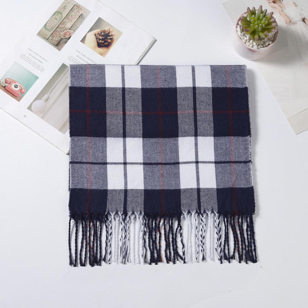 Men Scarf Plaid Pattern Tassel Trim Long Style Wrap Imitation Cashmere Thermal Insulation Scarf Daily Wear