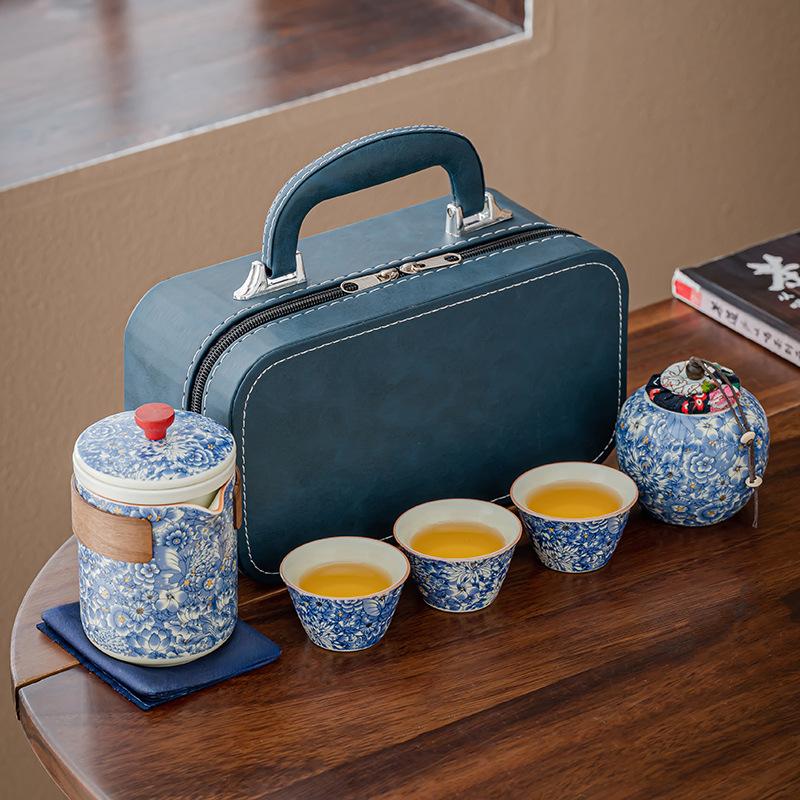 Portable Camping Express Cup Ceramic One Pot Three Cups Business National Tide Flower Tea Set Outdoor Souvenir