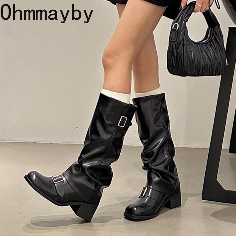 Winter Vintage Pleated Woman Knight Boots Fashion Belt Buckle Thick Heel Shoes Ladies Slip On Modern Mid Calf Botas