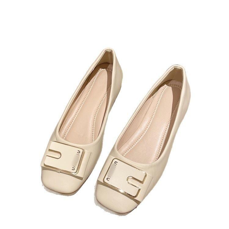 Autumn new low-heeled non-slip square-head single shoes, light-mouth soft-soled metal buckle ladyshoes