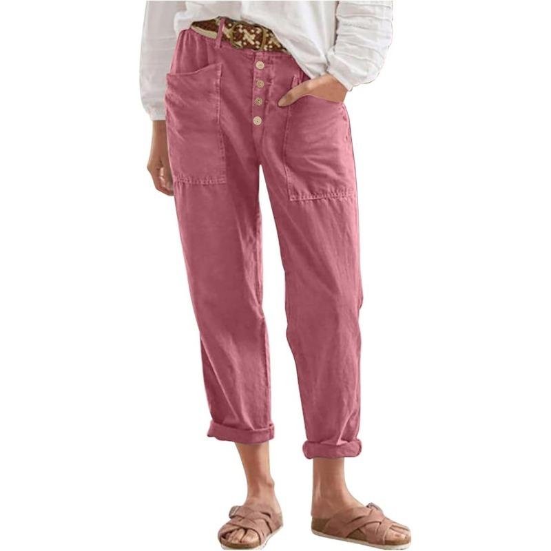 Linen Pants for Women Straight Leg Tapered Ankle Pants Lightweight Cargo Trousers Pant High Waisted Petite Joggers