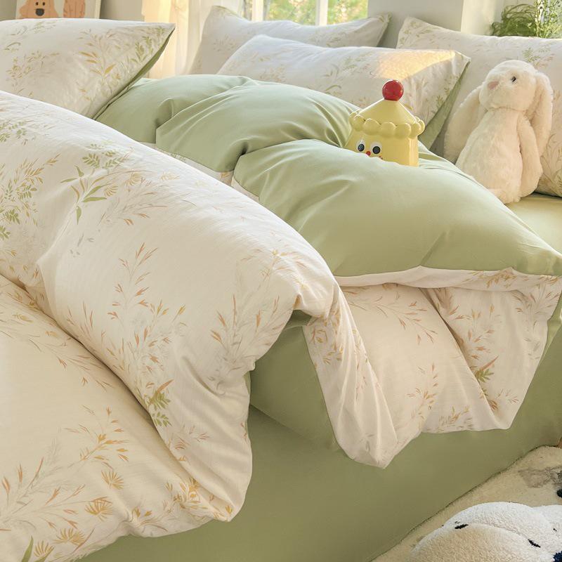 Class A Fresh Four-Piece Set: Washed Cotton Bed Sheet & Duvet Cover with Double Layer Gauze - Home Bedding Collection