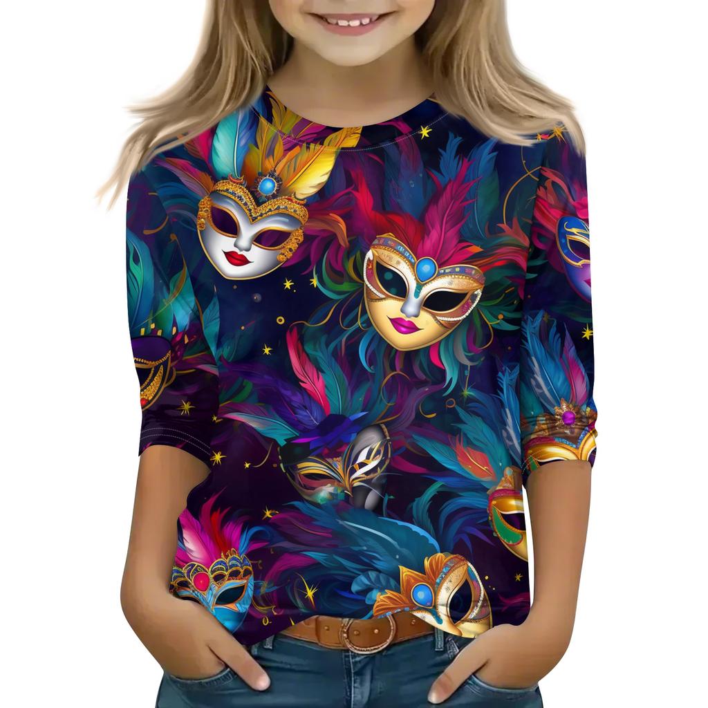 Print Tops For Youth Girls Round Neck 3/4 Sleeves T-Shirts Trendy Tops Outfit Tees