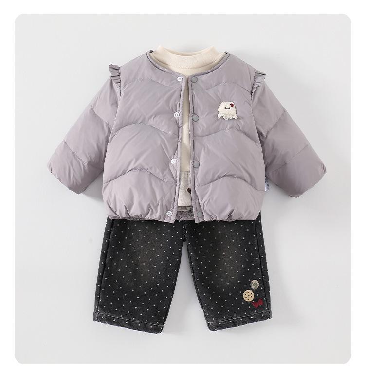 Korean Girls' Lightweight Feather Jacket & Long Sleeve Base Layer with Long Pants - Autumn/Winter Toddler Three-Piece Set