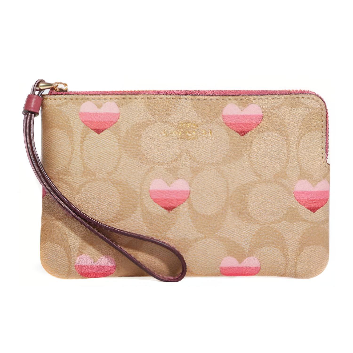 

Coach Corner Zip 16 Limited Edition Gradient Stripe Heart Pattern Monogram Leather Clutch Small Women clutch Brown Pink CA795-IMOT4 Basic Set (Bag+Dust Bag)