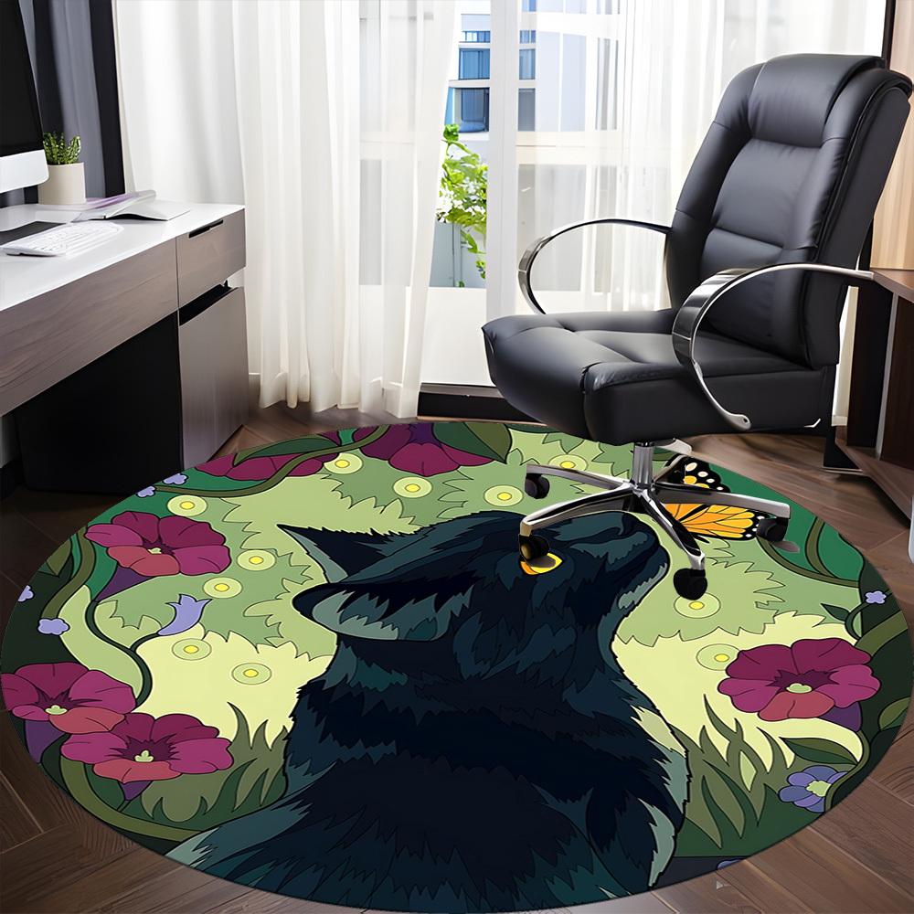 1pc Black Cat Pattern Carpet, Round Non Slip Durable Large Size Office Carpet, Suitable for Office