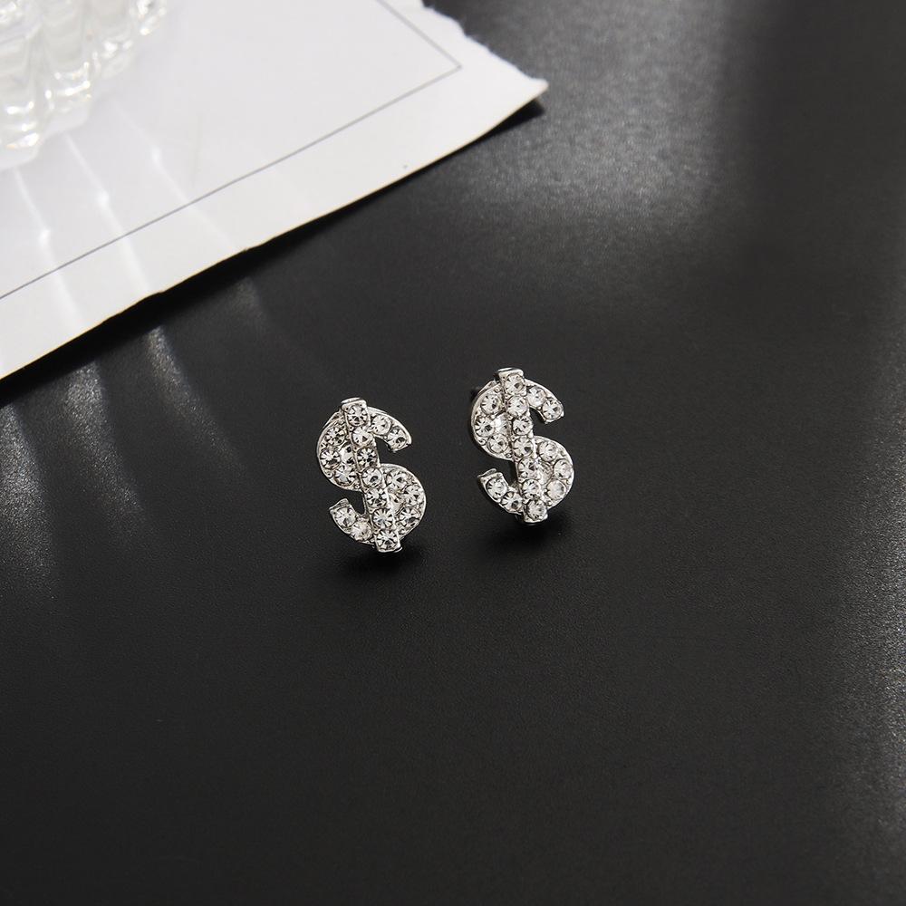 New Gothic Full Zircon Money Dollar Earrings for Women Men High End Hip-hop Fashion Stud Earrings Men Niche Design Jewelry Gift