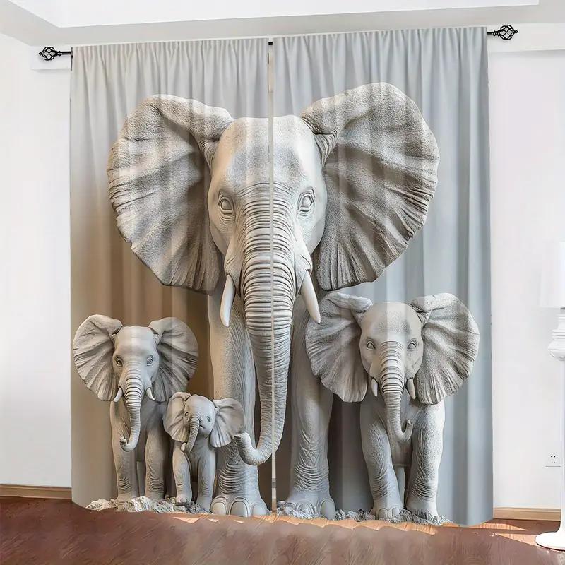 Three-headed elephant decorative printed curtains, suitable for home decoration in bedrooms and living rooms