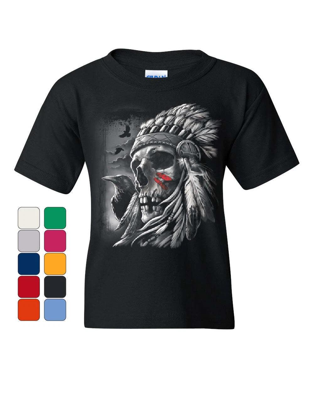 Chief Skull Warbonnet Headdress Youth kids boys T-Shirt Native American Heritage Kids Tee 100