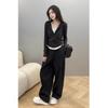 Black and white contrasting color splicing bottoming shirt women's spring waist pleated fake two-piece top half zipper long-sleeved T-shirt