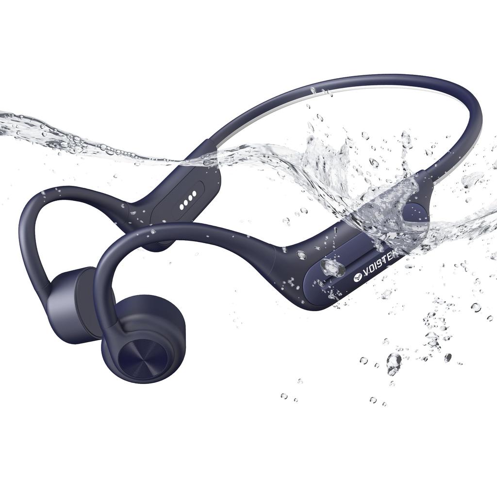 Voistek Bone Conduction Fully Waterproof Bluetooth Swimming Compatible with Caps and 32GB Internal 8 Hours of Continuous Wireless Headphones with Mic