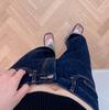 Okayama Selvedge Denim Jeans, Red Trim, Original Color, Dark Blue Cuffed Hem, Straight Leg, Slim Fit, Classic Retro Style.