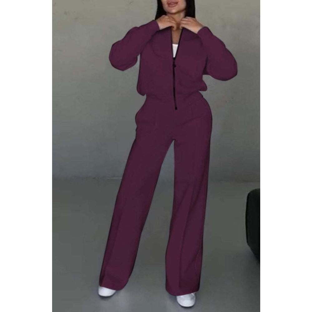 Women's Casual Sports Set Women's Solid Color Sweatshirt Zipper Jacket and Wide-leg Pants Set