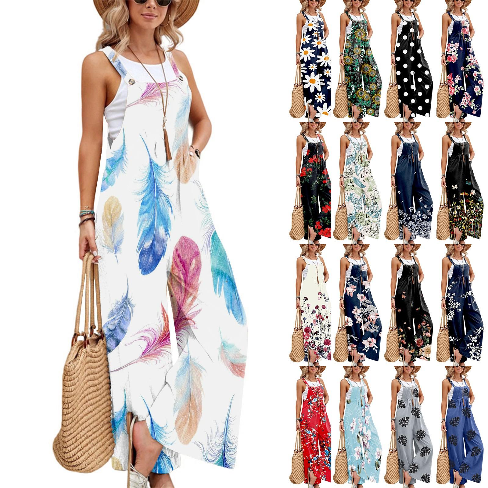 

(Куниде) Женский повседневный свободный комбинезон без рукавов с принтом, комбинезон с квадратным вырезом, широкими штанинами и карманами