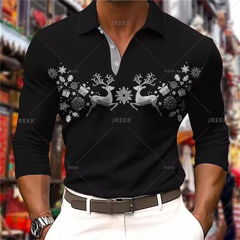 Essential! Christmas Print Long Sleeve Polo, Stylish Casual Top