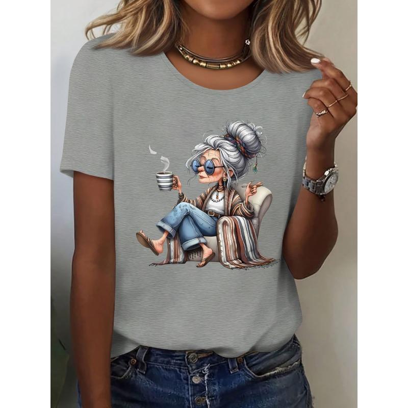 Elegant Granny Graphic Print Women's Summer Casual Short Sleeved T-Shirt Cute Playful Round Neck Tees Top Casual Woman Clothes