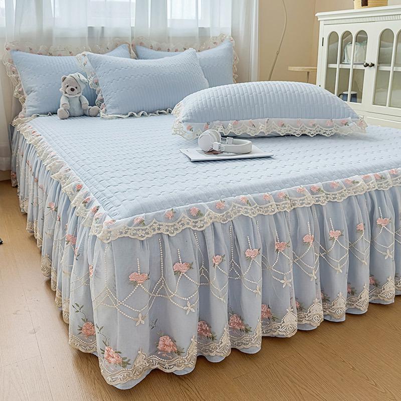 Korean Princess Crinkled Quilted Lace Bed Skirt: Thick Non-slip Mattress Protector