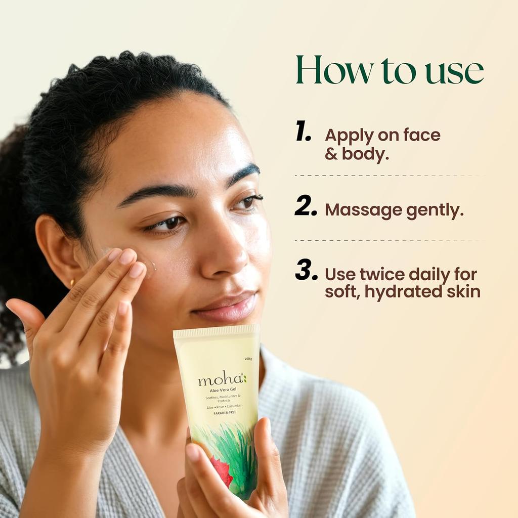 MOHA Aloe Vera Gel 200 Ml X Pack of 2 for Face, Skin & Hair | Hydrating, Soothing, Lightweight Organic Gel with Rose & Cucumber