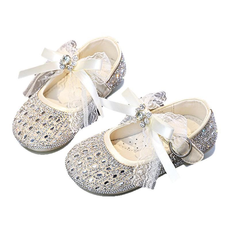 Girls Silver Crystal Princess Leather Shoes Kids Spring Fashion Flat Shoes Children Dress Shoes for Performance